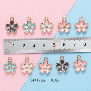 Colorful 14x17mm alloy cherry blossom flower pendants with rhinestones and pearls