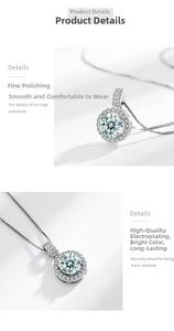 Macro detail of S925 sterling silver moissanite necklace with round halo pendant