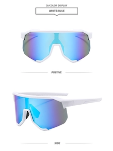 Front and side views of white sports sunglasses with blue iridescent polarized lenses