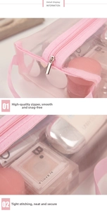 Détail de la trousse de maquillage en maille rose avec fermeture éclair et coutures