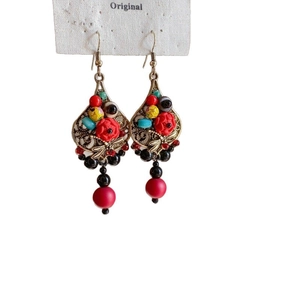 Ethnic bohemian drop earrings with red flower pattern and colorful beaded tassels