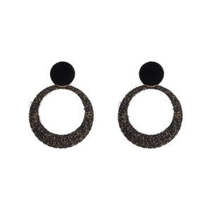 Retro black flocking round earrings with gold glitter texture and fuzzy spherical studs