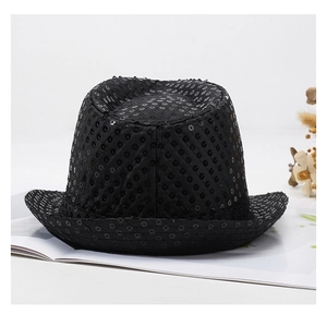 Detailed view of a black sequin jazz hat with a shimmering finish for stage performances