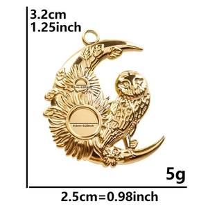 Golden stainless steel crescent moon pendant featuring a detailed owl and sunflower design