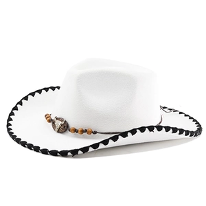 Detail of white cowboy hat featuring black shell stitched edge and bull skull bead decor