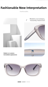 Dettaglio degli occhiali da sole cat-eye con lenti sfumate grigio viola e tocchi in metallo