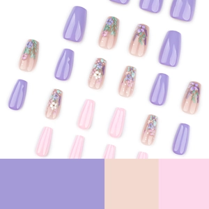 Short coffin press-on nails with 3D lavender floral patterns and pastel color palette
