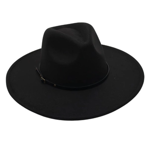 Close-up of a classic black wool felt fedora hat featuring a stylish belt buckle band detail