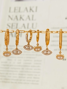 Six 18k gold plated evil eye hoop earrings with sparkling white cubic zirconia crystals