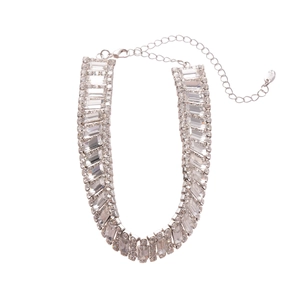 Silver choker necklace featuring multiple rows of sparkling rhinestones and lobster clasp