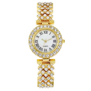 Luxury gold quartz watch for women with sparkling crystal bezel and mesh diamond band