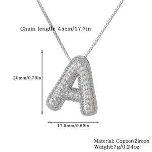 Detailed size chart for the iced out copper letter A pendant with cubic zirconia