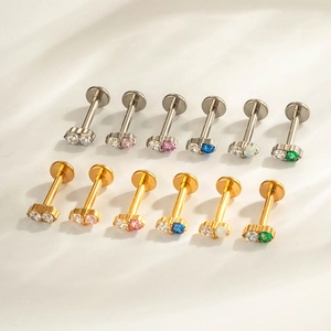G23 titanium flat back studs with colorful double cubic zirconia stones in gold and silver