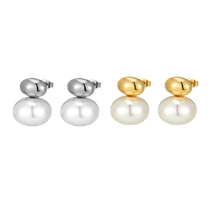 Elegant 14k gold plated flat round pearl stud earrings in gold and silver finishes