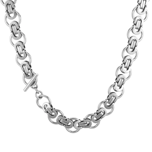 Men's silver stainless steel Byzantine chain necklace with a classic toggle clasp detail