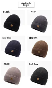 Detailed grid view showcasing six colors of knitted beanies with leather logo patches