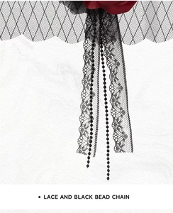 Close-up of elegant black lace net veil and hanging bead chains on a rose headpiece