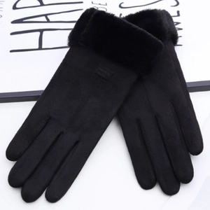 Women's black thermal touchscreen gloves with plush faux fur cuffs for winter warmth