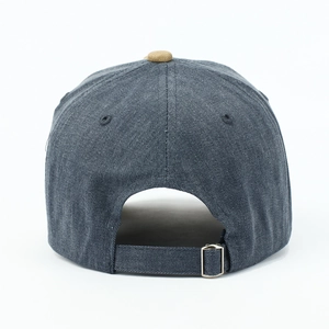 Adjustable dark grey washed cotton baseball cap with a metal buckle and khaki top button
