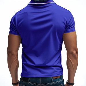 Rear view of navy blue polo shirt featuring red, white, and blue striped collar detail