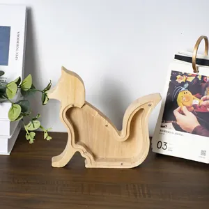 Detailed view of cat-shaped wooden money box with transparent acrylic window and screws