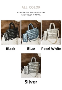 Detailed grid view of quilted puffer tote bags in black, blue, pearl white, and silver