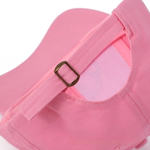 Detailed back view of pink baseball cap featuring an adjustable metal buckle strap