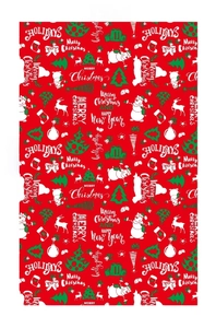Flat view of red Christmas PE gift bag with holiday patterns and dimensions 915x1450mm
