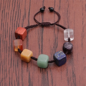 Handmade woven bracelet with seven colorful square gemstone beads on a brown cord