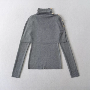 Deep grey high-neck knit sweater set with shoulder gold buttons and ribbed texture