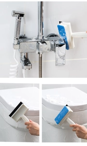 Dual-sided bathroom cleaning brush with sponge head and rubber squeegee for mirrors