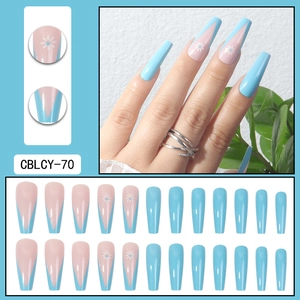 Long coffin press-on nails with light blue V-French design and daisy floral patterns