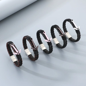 Nautical Anchor Bracelet For Men Braided Leather Wristband With Stainless Steel Magnetic Clasp Retro Fashion Jewelry