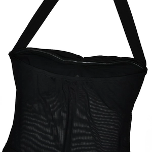 Detail of black halter neckline with ruched mesh fabric and reinforced edge