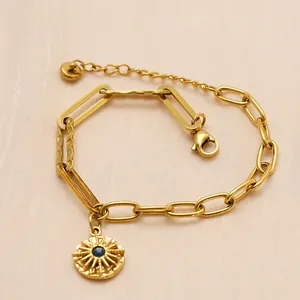 Bracciale In Acciaio Inossidabile Placcato Oro 18K Per Donna Catena A Graffetta Ciondolo Sole Con Pietra Blu Gioielli Regolabili