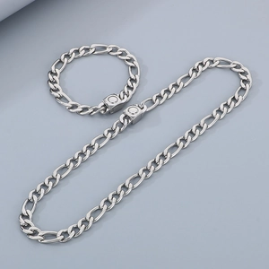 Polished silver stainless steel Figaro chain necklace and bracelet set with magnetic clasps