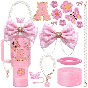 Detailed set of pink pearl chain charms and heart lace bows for water cup accessories