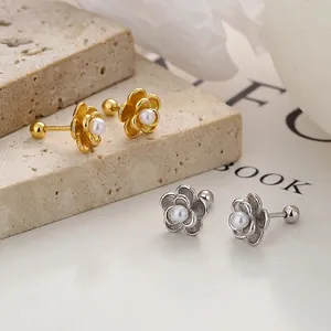 Camellia Flower Stud Earrings With 925 Sterling Silver Earring Post Artificial Pearl Elegant Jewelry For Women Screw Back Piercing