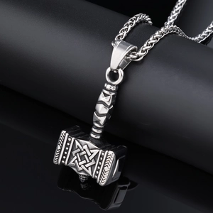 Vintage Thor's Hammer Mjölnir necklace in antique silver finish with braided chain