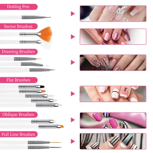 Professional 13-piece nail art brush set with dotting pens and sector brushes on white