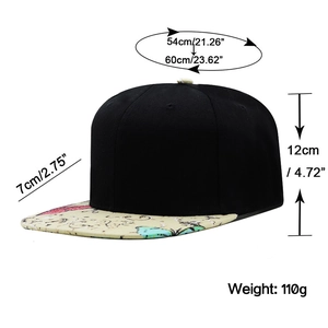 Hip-hop snapback flat brim cap in black with colorful printed butterfly pattern and size guide
