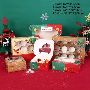 Christmas Cupcake Packaging Boxes With Transparent Window Cardboard Muffin Dessert Gifting Santa Reindeer Pattern