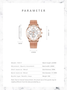 Détails techniques de la montre quartz or rose avec bracelet mesh et cadran 41,5mm