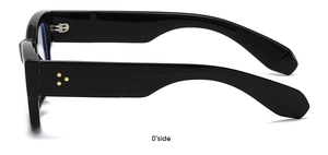Detail of black rectangular sunglasses with golden star rivets on the wide temple