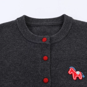 Dark grey knitted cardigan for kids featuring round neck and red pony embroidery detail