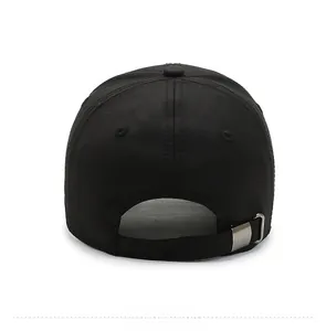 Rear view of classic black baseball cap with adjustable metal buckle and breathable holes
