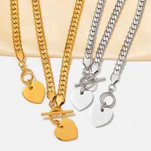 Stainless Steel Jewelry Set Heart Pendant Toggle Clasp Necklace And Bracelet Flat Snake Chain Hip Hop Style For Women
