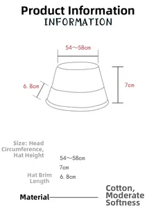 Size chart showing denim bucket hat dimensions: 54-58cm circumference and 7cm height