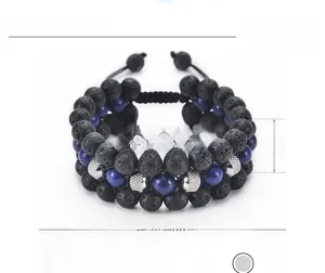Detail showing dimensions of 8mm lava rock and lapis lazuli triple row woven bracelet