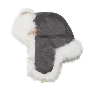 Close-up of premium gray faux suede and fluffy faux fox fur lining on a winter ushanka hat